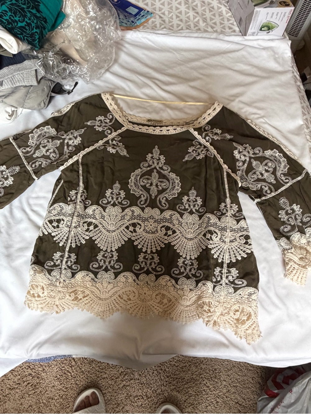 Democracy Olive Green Tunic with Cream Lace Embroidery